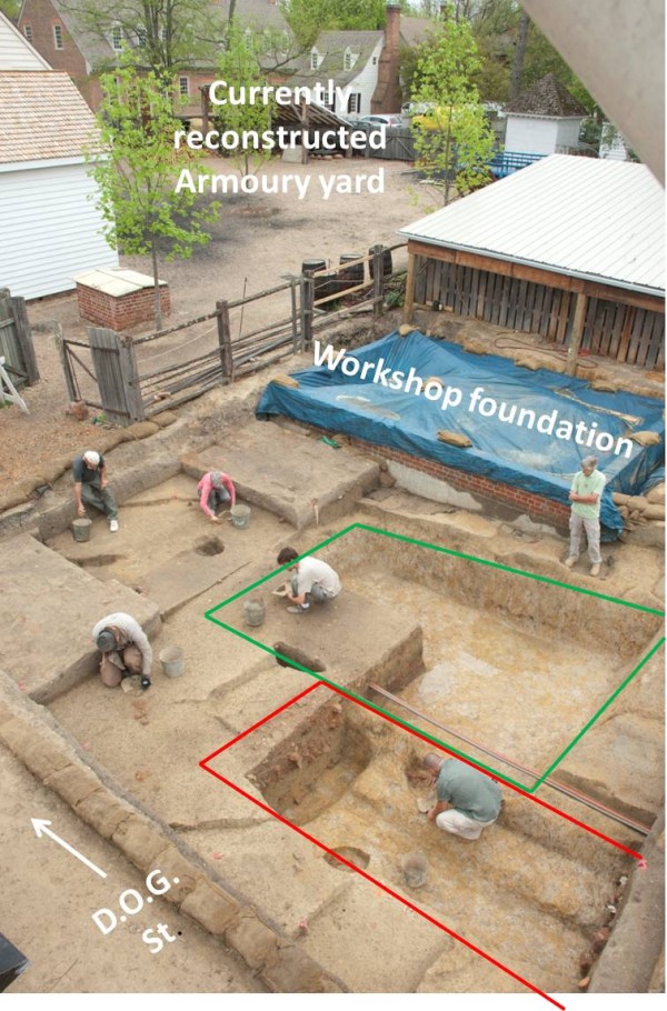 Recent excavation showing both pits in relation to the rest of the Armoury.yard.    