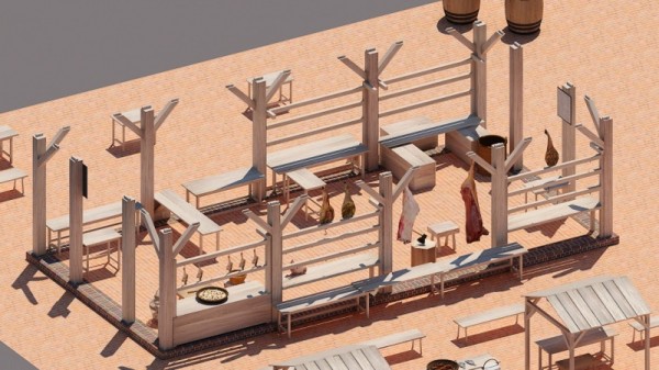 Initial layout of a stalls in the interior of the virtual Market House (roof removed) © Colonial Williamsburg Foundation, Digital History Center.