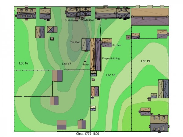 Lots 16-19 late in the 18th century. The buildings inhabited by the Gillett sisters are shown on lot 17, at the center, top.