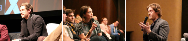 Jamie Bell (Abe Woodhull), Heather Lind (Anna Strong), and Samuel Roukin (John Simcoe) speak at the TURN panel.