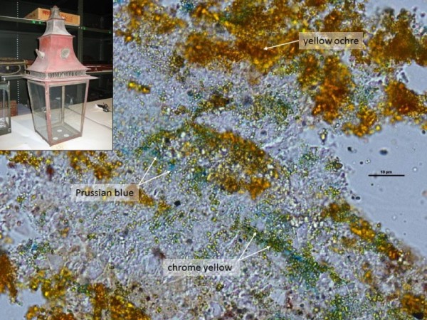 Dispersion of pigments from green paint on lantern 1951-208, transmitted plane polarized light, 1000x