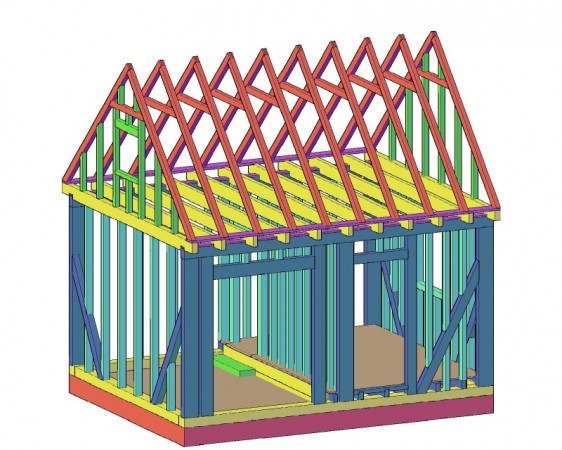 An AutoCAD verson of the Scale House frame. Bright colors are used in this step of the design process to make architectural elements readily identifiable. 