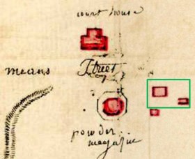 The Frenchman's Map (1781) detail. Buildings in the green box are thought to be the Market House (l) and the Scale House (r). The reconstructed Guardhouse is shown just below the box. 