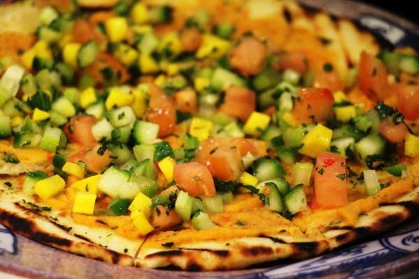 Grilled Pita, Roasted Hummus, and Cucumber Relish