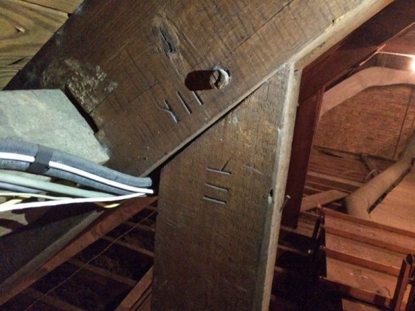 Carpenter's marks (with added leg) on the Bruton Parish Church framing.  