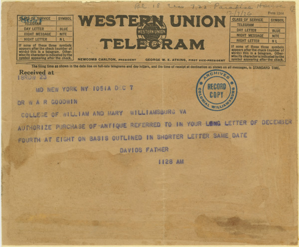 Pre-conservation "Davids Father" telegram from Rockefeller Dec 7 1926