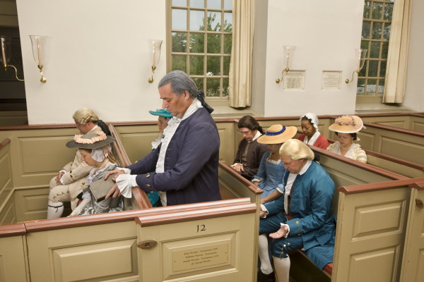 George Washington praying at Bruton Parish Church for CWJ Deism story  Megan Brown; Ron Carnegie; Jack Flintom; Janine Harris; Kaitlin Kovach; Jeffrey Villines; Robert Weathers; Carolyn Wilson; Donna Wolf ALL MODEL RELEASED