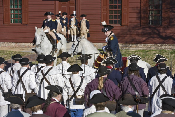 Road To Yorktown. Generals Washington and Lafayette address the troops from horseback before leaving Williamsburg for Yorktown.