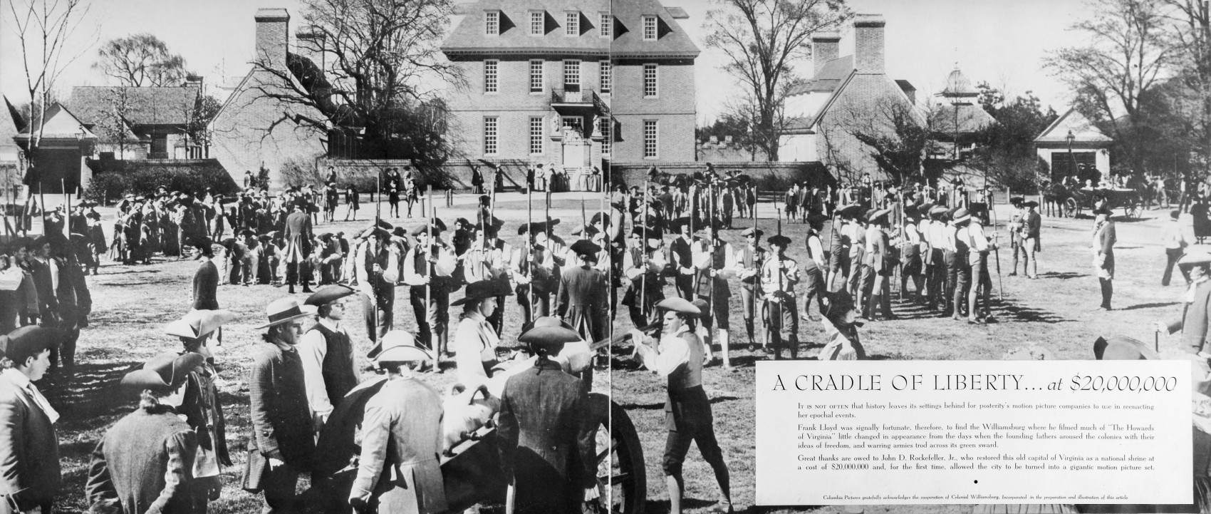 Illustration, “A Cradle of Liberty at $20,000,000” Colonial Williamsburg as a motion picture set for the film “Howards of Virginia,” pp. 8 and 9, “The Howards of Virginia” New York: Columbia Pictures Corporation, 1940.