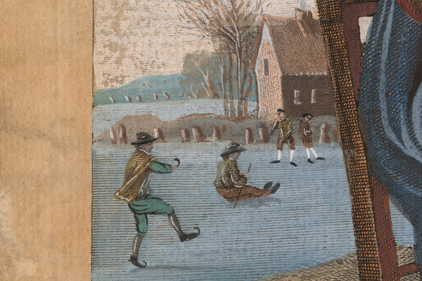 Skaters are visible in a detail from the print: "Winter" by P. Angier, David Teniers, Great Britain