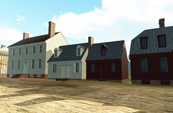 This rendering from Virtual Williamsburg shows the location of the James Slate tenement, second from left. At left is Edward Charlton's house; at far right is Wetherburn's Tavern.