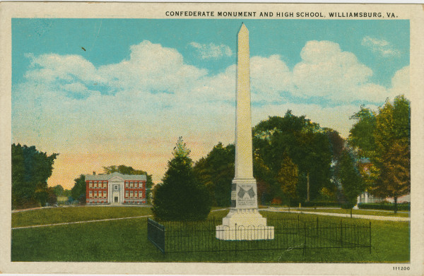 Postcard: Confederate Monument and High School, Williamsburg,