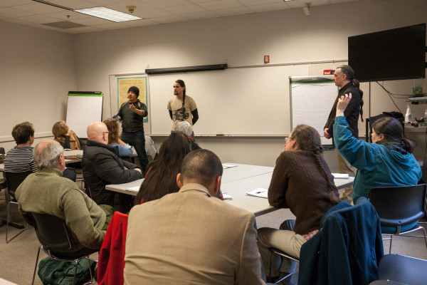 Buck Woodard interacting with employees during training at Bruton Heights School. Discussion on the American Indian Initiative. Photos requested by CWF Social Media.