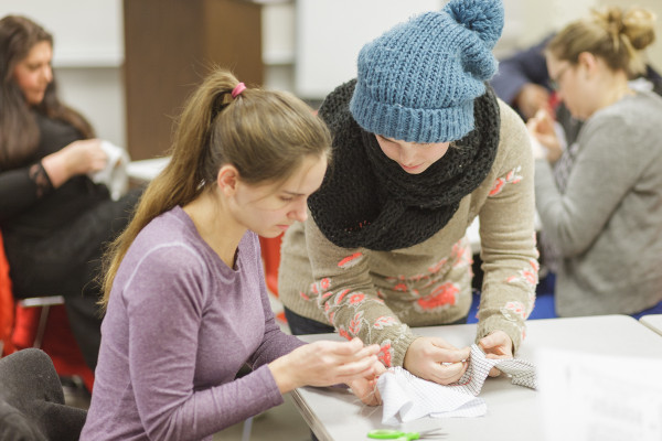 Learning plain sewing at Employee Training at Bruton Heights School, January 26th, 2016.