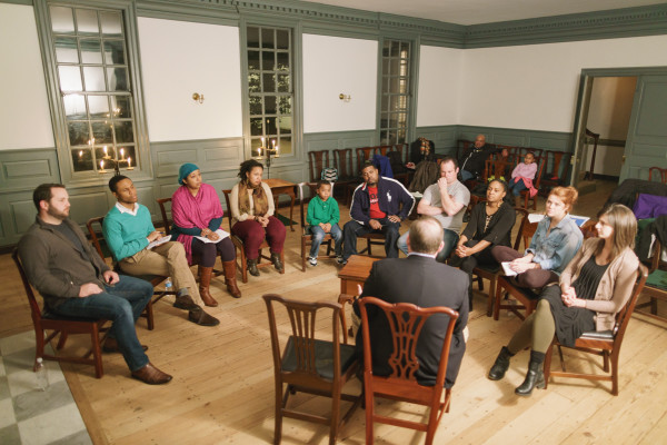 Cast discussion at rehearsal for "Affairs of the Heart", Raleigh Tavern Apollo Room. February 17th, 2016.