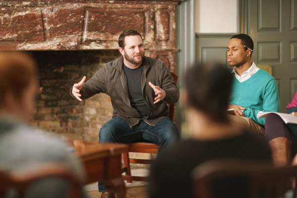 Michael Empson makes a point as Jamar Jones and other cast members look on in at rehearsal for "Affairs of the Heart", Raleigh Tavern Apollo Room. February 17th, 2016.