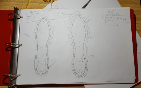 One of shoemaker Rob Welchs drawings of 18th century shoe fragments