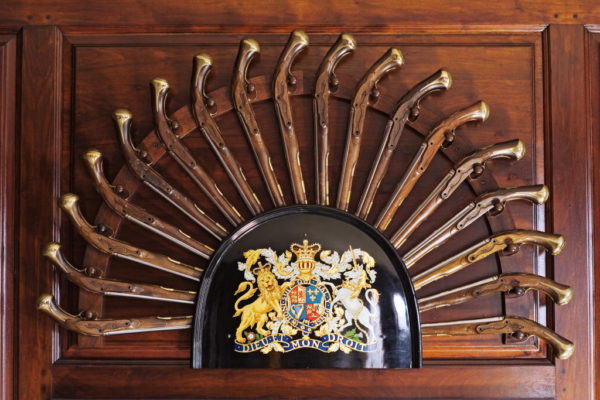 Pistols on display in the entry hall of the Governors Palace