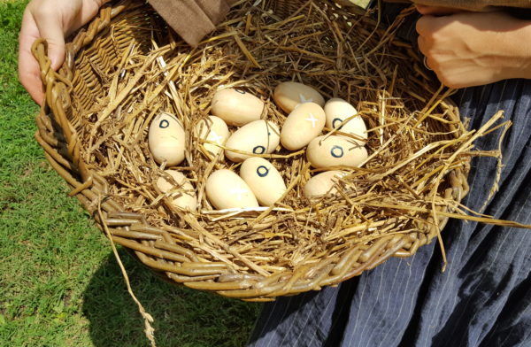 Marked wooden eggs help to illustrate the process used for the new egg incubator