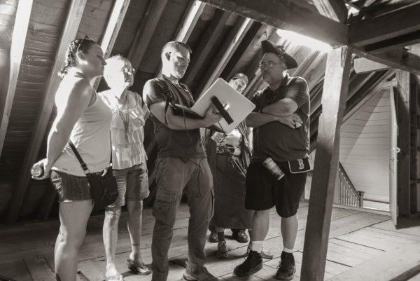 Research fellow Brian Emery shows guests his 3D imaging of the Robert Carter House attic 2016