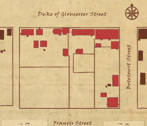 Image from Virtual Williamsburg showing Block 10 as it looked in 1776 before the Armoury was built