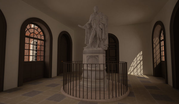 Image from Virtual Williamsburg showing the loggia in the second Capitol with Botetourt Statue