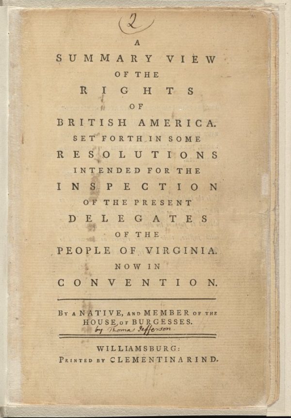 Title page from Clementina Rinds 1774 publication of A Summary View of the Rights of British America