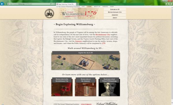 Virtual Williamsburg navigation page