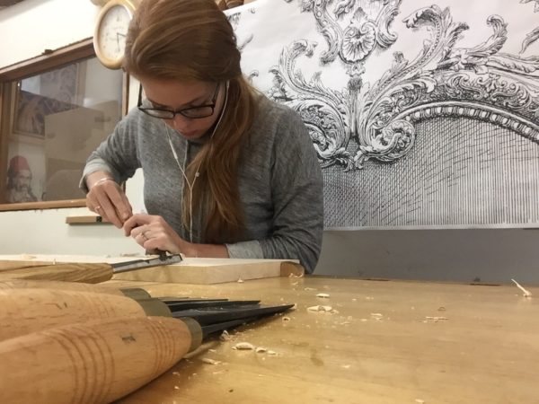 Apprentice Joiner Amanda Doggett during study trip to Klitsas Fine Woodcarving in Hampden Massachusetts