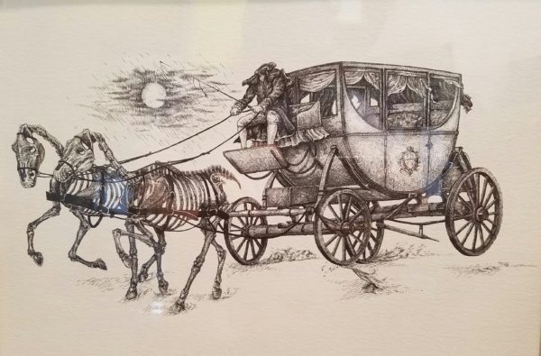 Pen and ink drawing of headless horseman and skeleton horses by Apprentice Artist Zach Hillegas,