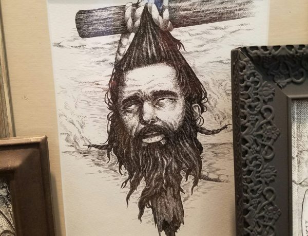 Pen and ink drawing of Blackbeards head by Apprentice Artist Zach Hillegas,