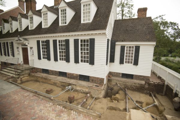 Archaeological excavations at the east end of the Raleigh Tavern with the 18th-century porch piers.