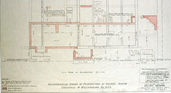 Detail of Thomas Waterman’s plan map of the 1929 excavations at the Raleigh Tavern site.