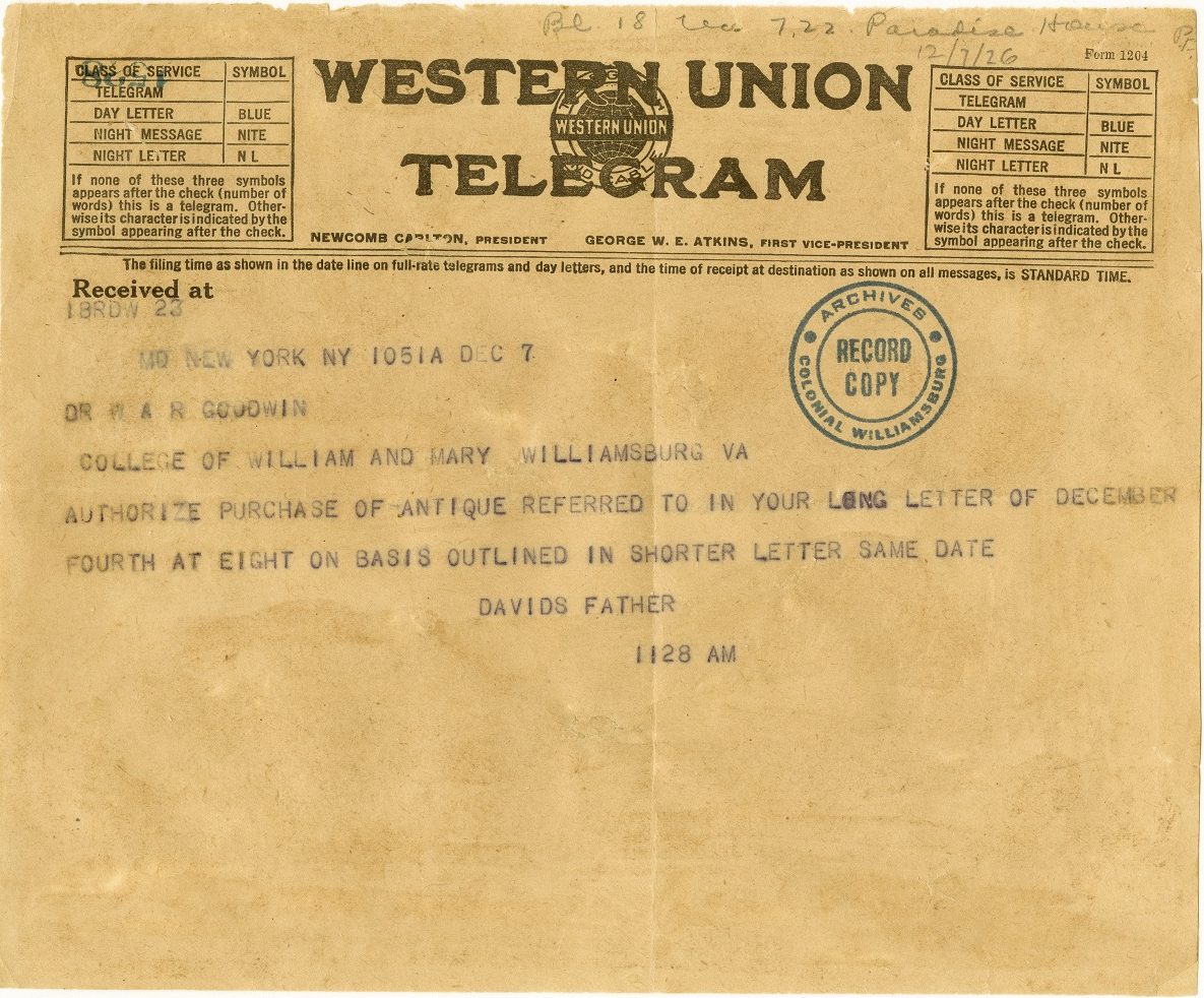 Conserved 2016 "Davids Father" telegram from Rockefeller Dec 7 1926