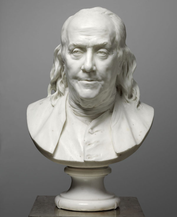 Bust of Benjamin Franklin by Jean-Antoine Houdon (1779). Philadelphia Museum of Art, purchased with funds from the Barra Foundation, the Henry P. McIlhenny Fund in memory of Frances P. McIlhenny, funds bequeathed by Walter E. Stait, the Fiske Kimball Fund, the Women's Committee of the Philadelphia Museum of Art, and donors to the Fund for Franklin. Photo by Graydon Wood.