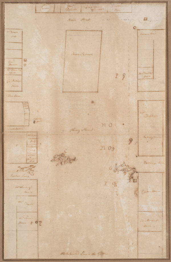 Sketch of Boston Massacre by Paul Revere (1770). Boston Public Library.