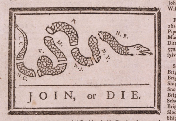 Join, or Die by Benjamin Franklin, Pennsylvania Gazette (1754). Library of Congress.