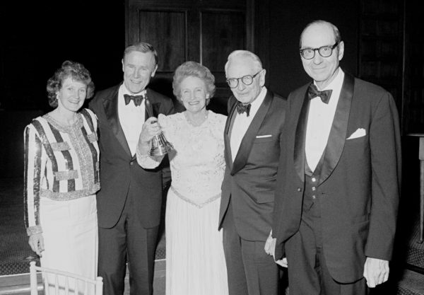 Presentation of Churchill Bell Award, 1992: Polly Longsworth, Colonial Williamsburg President Charles Longsworth, Abby O'Neill, Laurence Rockefeller, and George O'Neill.